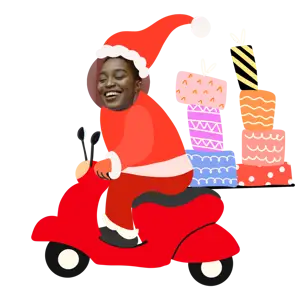 A Woman Riding A Red Scooter With A Cake On Top Of It Christmas Stickers Template