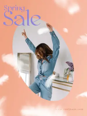 A Woman In A Denim Jumpsuit Standing In Front Of A Mirror Hello Spring Template
