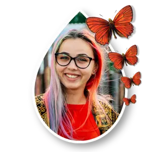 A Woman With Pink Hair And Glasses With Butterflies Whatsapp Sticker Template