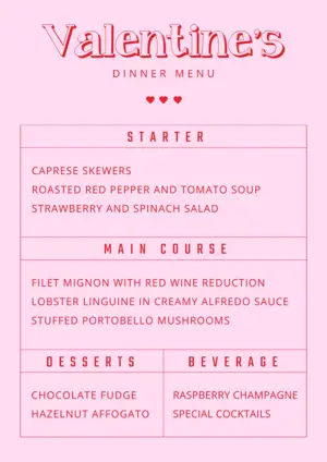 fun pink bright valentine dinner menu template