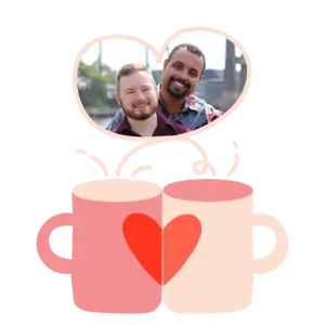 A Couple Of People That Are Next To Some Coffee Mugs Love Stickers Template