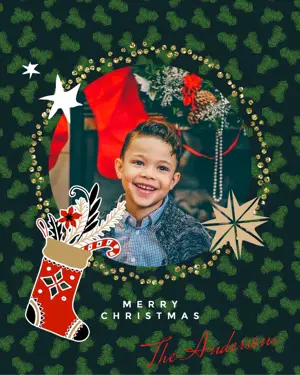 A Christmas Card With A Picture Of A Boy In A Stocking Merry Christmas Template