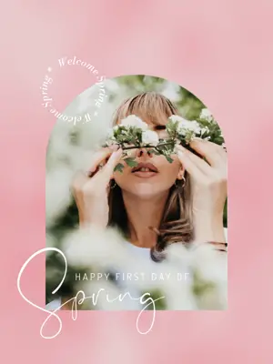 A Woman In A Blue Dress Is Holding Flowers Hello Spring Template