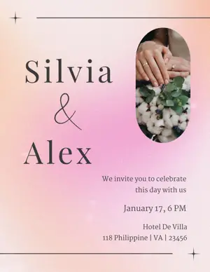 A Pink And White Flyer With A Picture Of A Couple Holding Hands Wedding Template