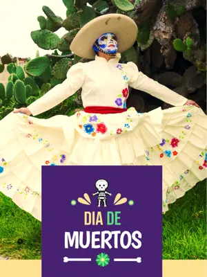 A Woman In A Mexican Costume Holding A Sign Day Of The Dead Template