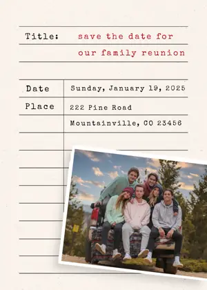 Vintage note graphic save the date family reunion template