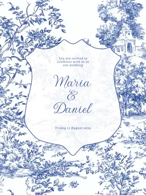 Rococo revival trend elegant blue and white invitation 