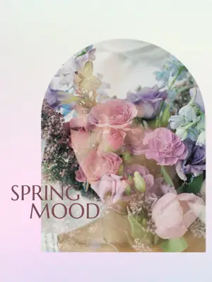 A photo of a woman’s face blended with photo of flowers On A Pink Background Hello Spring Template