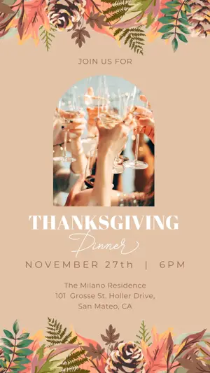 A Flyer For A Thanksgiving Dinner With A Picture Of People Holding Wine Glasses Thanksgiving Template