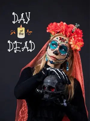 A Woman In A Skeleton Costume Holding A Skull Day Of The Dead Template