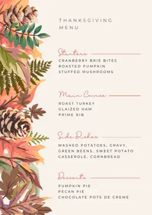 botanical bright Thanksgiving dinner menu template 