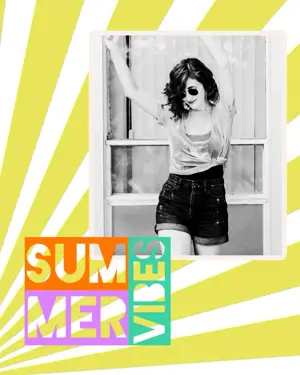 A woman in sunglasses smiling retro summer template 