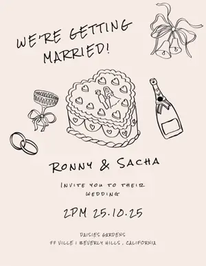 Cream vintage weeding doodle illustration invitation 