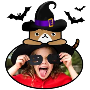 A Little Girl Wearing A Witches Hat And Holding Up A Sign Halloween Stickers Template