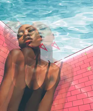 A Woman In A Bathing Suit Sitting Next To A Swimming Pool Collage Art Template