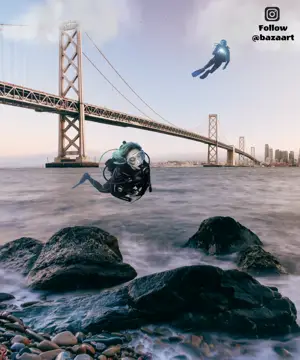 Person Diving In The Water Near A Bridge Collage Art Template