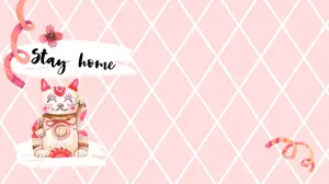 A Picture Of A Cat With A Sign That Says Stay Home Zoom Backgrounds Template