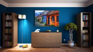 A Room With Blue Walls And A Painting On The Wall Zoom Backgrounds Template