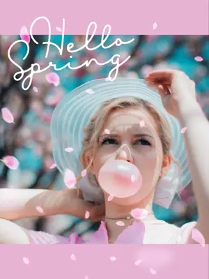 A Woman Blowing A Bubble With Flowers Around Her Hello Spring Template