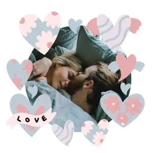 A Man And A Woman Laying In Bed Surrounded By Hearts Love Stickers Template