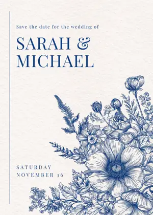 Blue botanical illustration save the date wedding template 