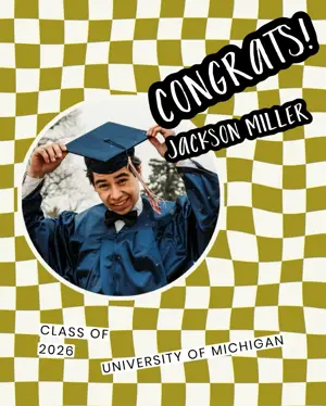 Young man photo and checkered background graduation template 