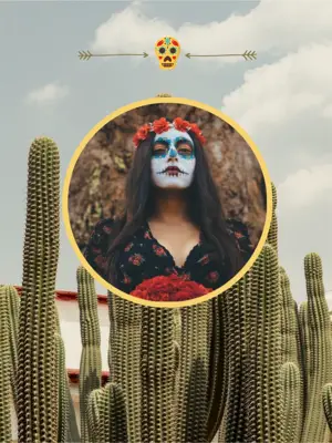 A Woman With Makeup Painted In The Shape Of A Skull Surrounded By Cacti Day Of The Dead Template