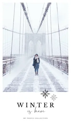 Woman walks on snowy bridge winter story template