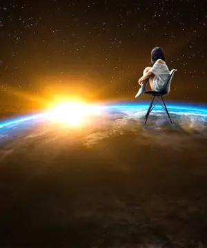 A Person Sitting On A Chair In Front Of The Earth Collage Art Template