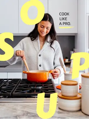 A Woman Is Cooking In The Kitchen With Yellow Letters Foodie Template