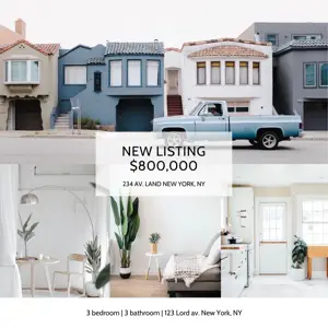 A Collage Of Houses With A Blue Truck Parked In Front Of Them Real Estate Template