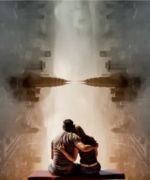 A Couple Sitting On A Bench In Front Of A City Collage Art Template