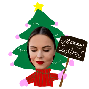 A Woman Holding A Sign In Front Of A Christmas Tree Christmas Stickers Template