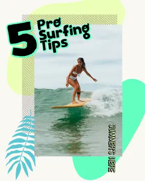 A woman surfing 5 pro tips retro summer template 