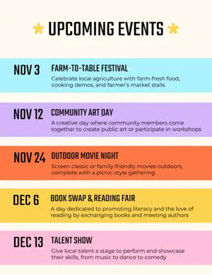 Fun and colorful community events agenda template