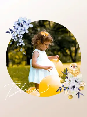 a photo of a baby girl in a white dress in the garden Hello Spring Template
