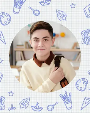a photo of a student on a doodled background  back to school Instagram post template