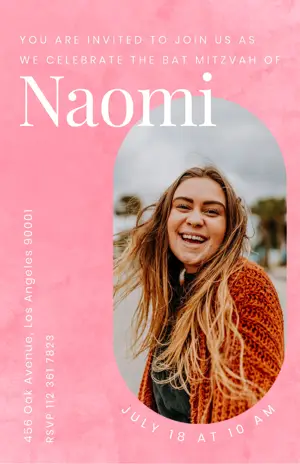  pink watercolor background bat mitzvah photo invitation template