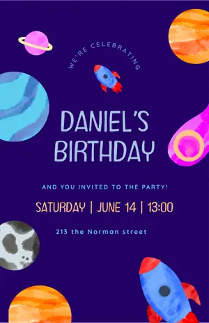 ‏Blue Illustrated Space Birthday ‏kids Invitation