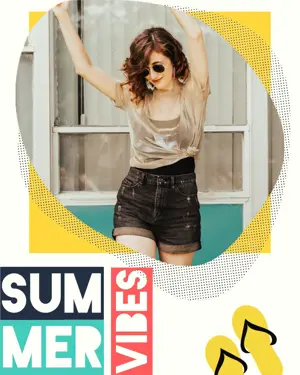 A woman in sunglasses smiling retro summer template 