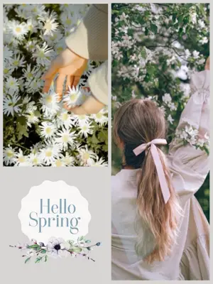 A Collage Of Photos With A Girl In A Dress And Flowers Hello Spring Template