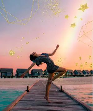 A Woman Doing A Handstand On A Dock Collage Art Template