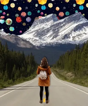A Woman Walking Down The Middle Of A Road Collage Art Template