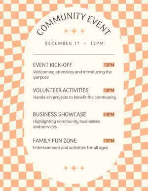 Checkered background community event schedule agenda template 