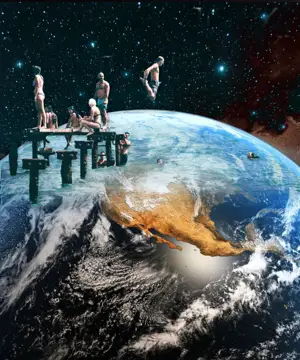 A Group Of People Sitting On Top Of A Wooden Bench Collage Art Template