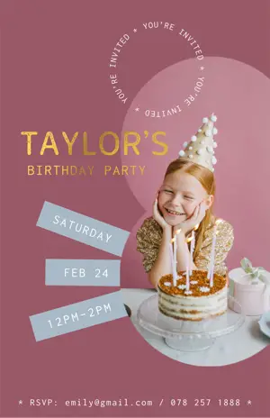 pink photo kids Birthday invitation template