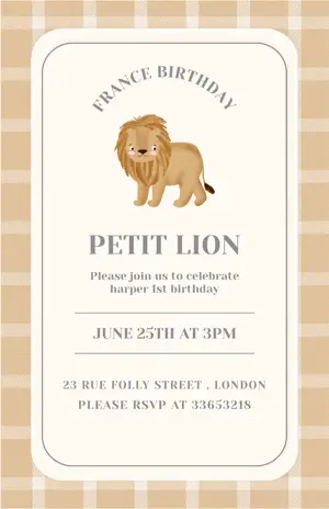 ‏Safari Animals Boy Baby lion brown Invitation 