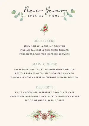 white elegant floral new year dinner menu template 